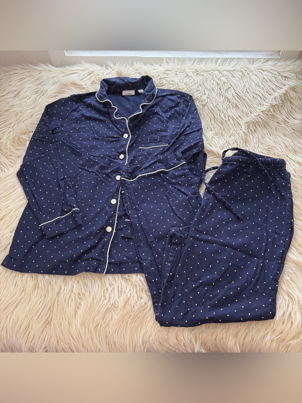 L.L. Bean Blue Cotton Flannel Polka Dot Pajama Set 2 Piece Women’s Size L